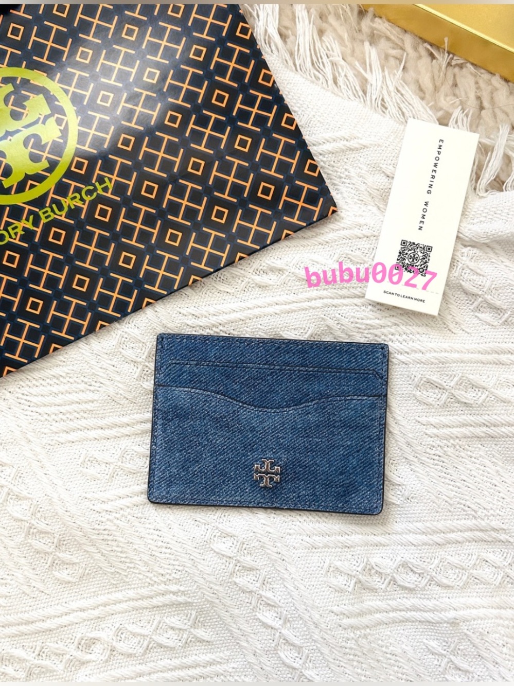NWT🌻Tory Burch Emerson Denim Suede Slim Card Case Holder 175879 Wallet Gift